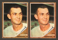 NEW Variation Pair, 1962 Topps #332 Don BUDDIN, Colts, Green Eyebrows, Hairline