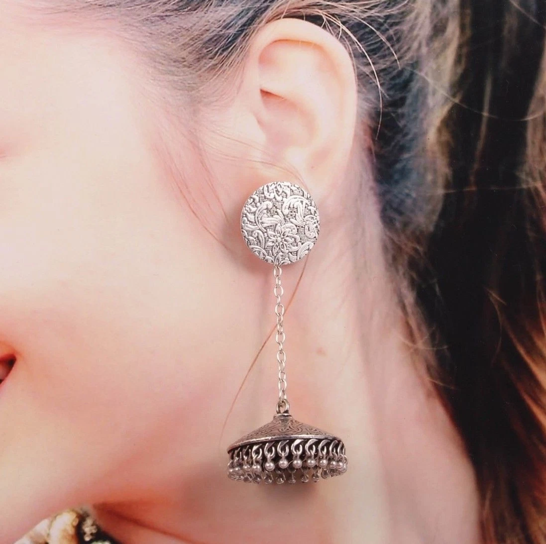Oxidised earrings with ear chain sale
