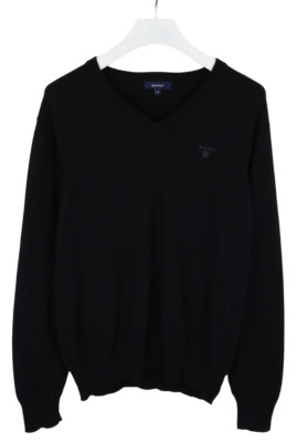 GANT Jumper Mens Medium V Neck Logo Knitted Casual Black