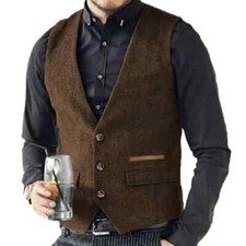 Men Vest Brown Solid Tweed Vest Retro Vintage Wedding Groom Banquet Men Vest
