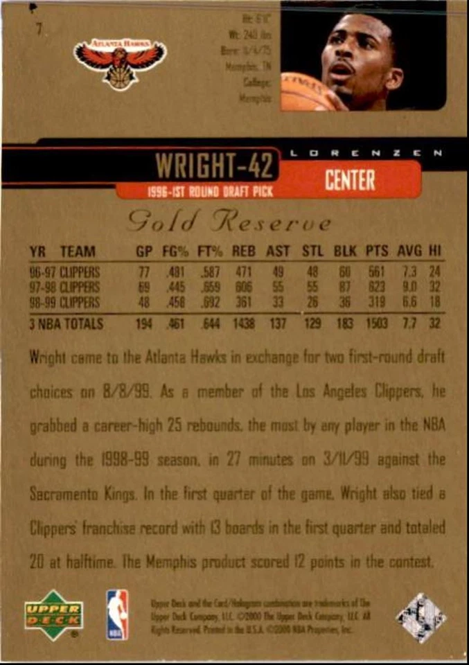 1999-00 Upper Deck Gold Reserve Lorenzen Wright Atlanta Hawks #7 - Image 2 of 2