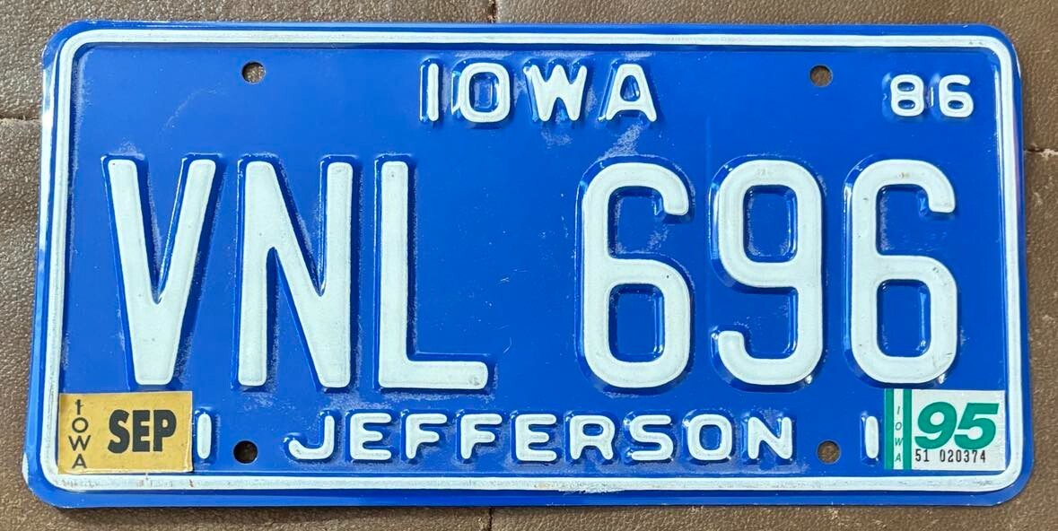 Iowa 1995 JEFFERSON COUNTY License Plate VNL 696 eBay