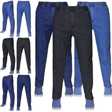 Mens Plain Denim Jeans Elasticated Waist Stretch Trouser Straight Casual Pants