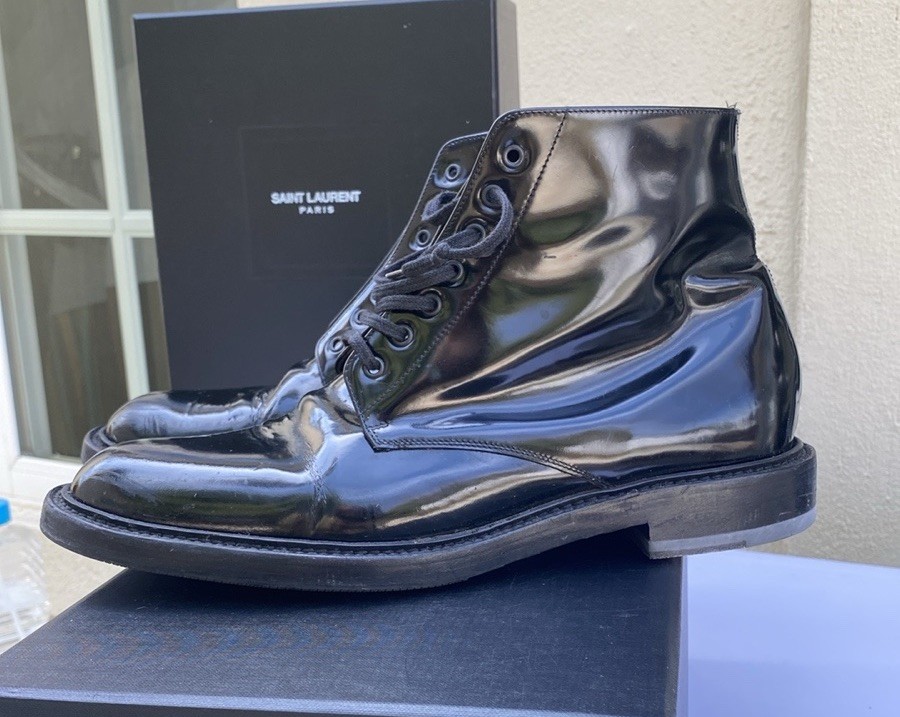 Stivali stringati Saint Laurent neri vernice esercito 20 tg 40 5 suola Vibram