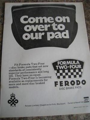 FORMULA TWO-FOUR FERODO DISC BRAKE PADS TURNER & NEWALL LTD 1970 ADVERT FILE 60