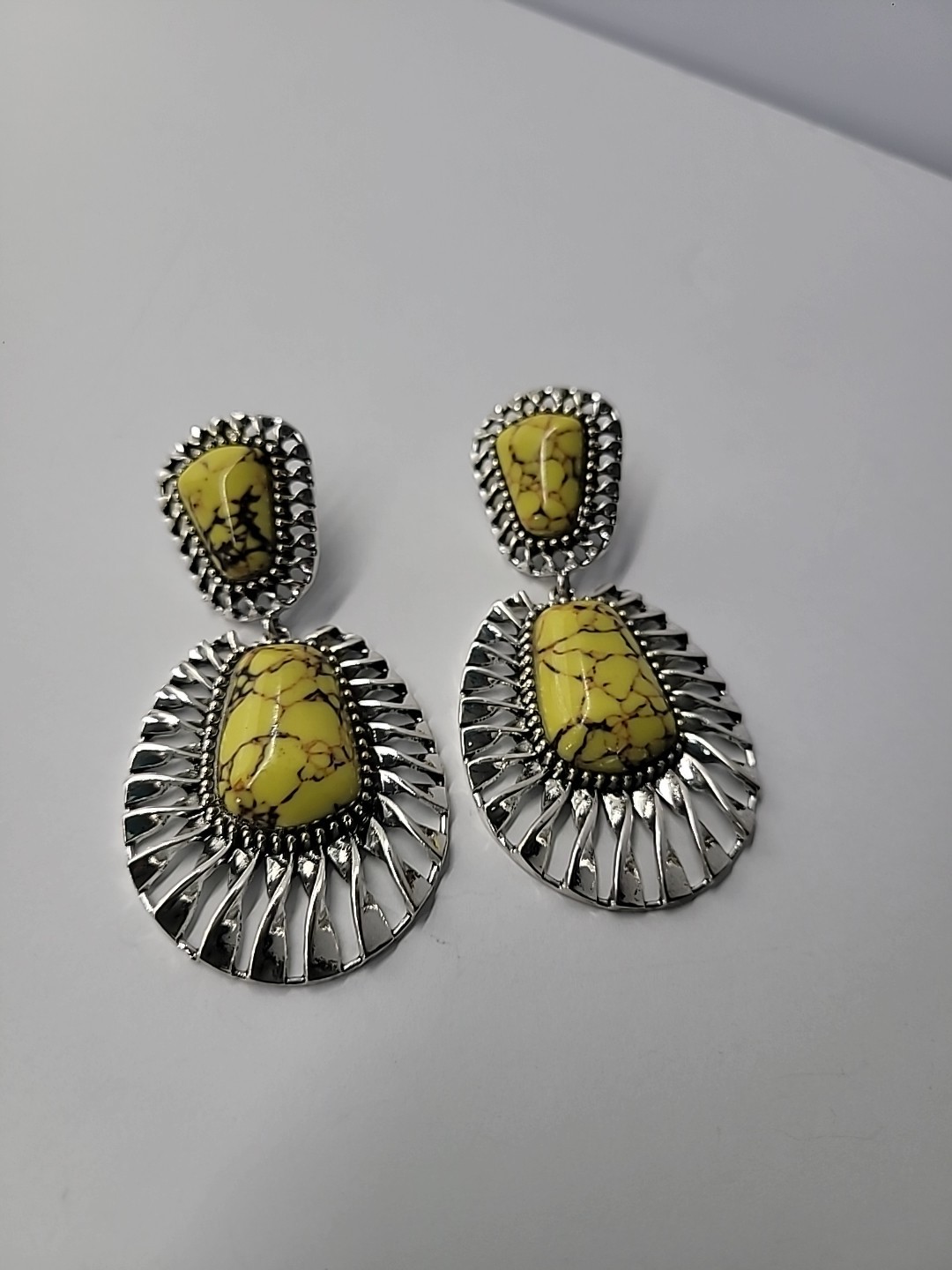 Yellow Stone Statement Dangle Earrings Silver Ton… - image 8