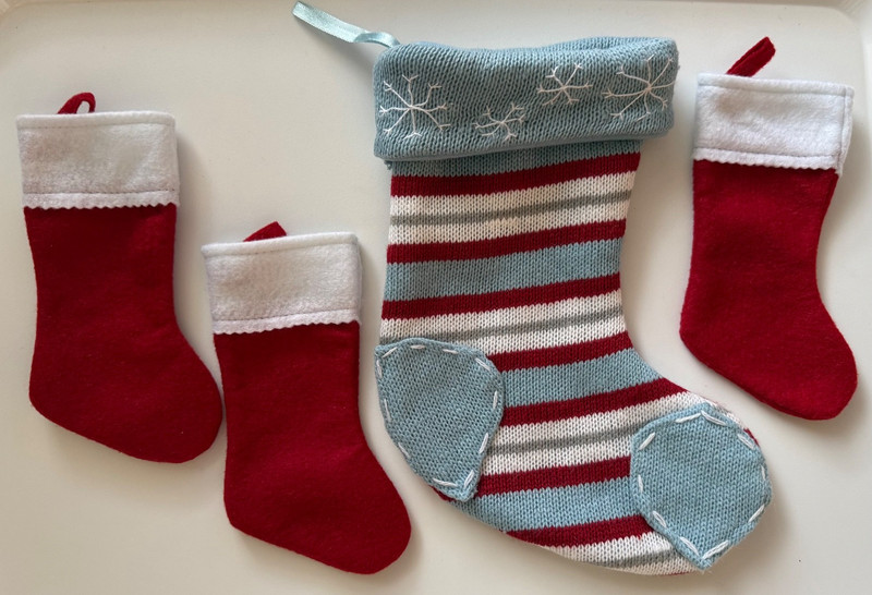 4 Christmas Stockings - 10" X 5" Multi Color, 6" X 2.5" red & white