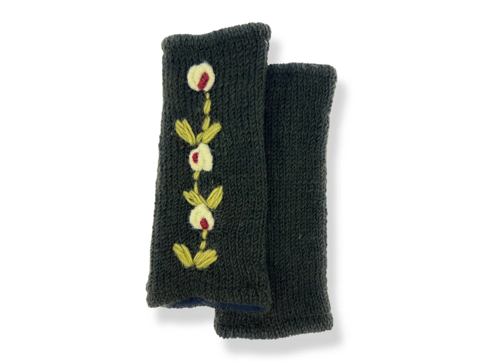 Guantes sin dedos verde flor lana tejido a mano mano mano mitones bordados forrados de vellón Foto 2 de 3