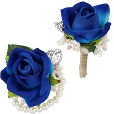 SITUMEIZI 2Pcs Blue Corsage and Boutonniere Set,Corsage Wristlet for Prom Decor,