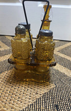 AMBER GLASS CRUET CASTOR SET WITH METAL HOLDER salt n pepper,oil and vinegar 