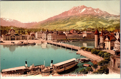 Luzern Switzerland Seebrücke Pilatus Antique Color Postcard [AA]