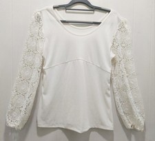 Ivory Lace Sleeve Blouse Womens M Long Sleeve Stretchy Top Elegant Boho 38" Bust