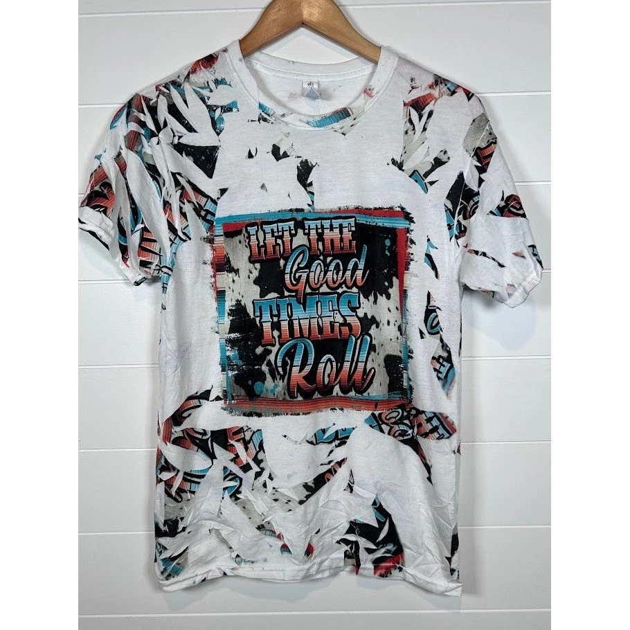 Jerzees Dri-Power Graphic T Shirt Good Times Roll Abstract White Top Small