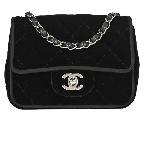 Chanel Black Velvet Mini Classic Square Flap Shoulder Bag 17 136579