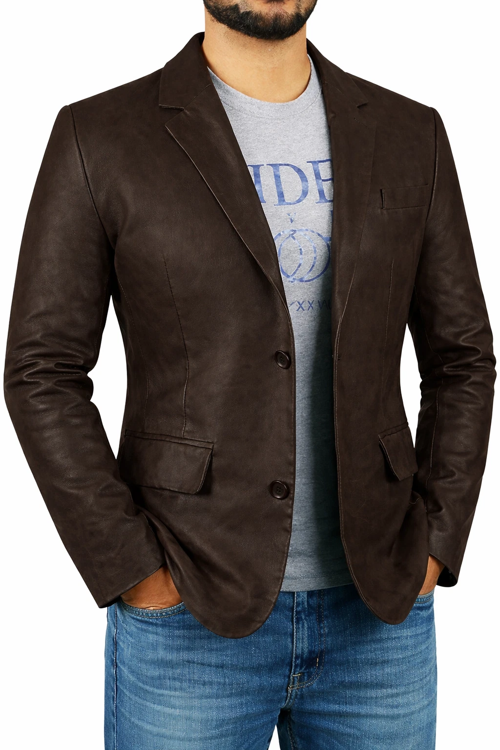 Men’s Genuine Brown Leather Blazer Casual & Formal Wear Two Button Coat Blazer