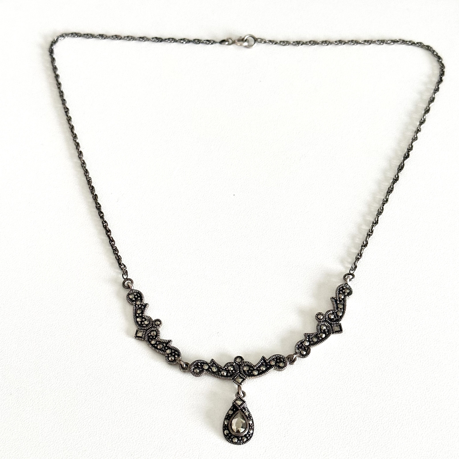 Vintage 925 Sterling Silver Marcasite Encrusted Chain Ladies Necklace 17