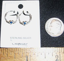 STERLING SILVER PIERCED 1/2" HOOP EARRINGS W/MINI HEARTS DARK BLUE CRYSTALS