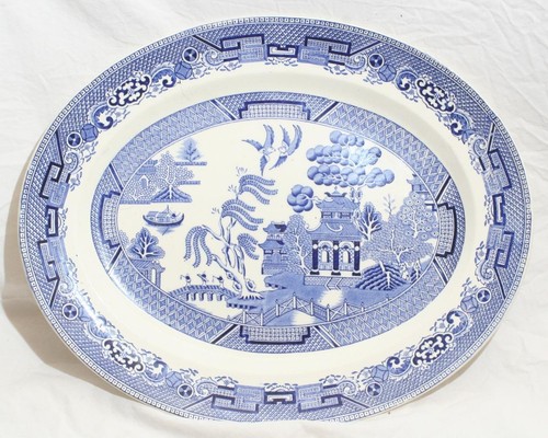 antique vintage large midwinter blue & white willow pattern oval