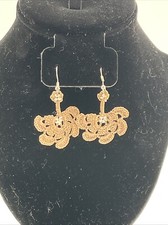 Handcrafted Crochet Beige-colored Floral Dangle Pierced Earrings W/ White Beads