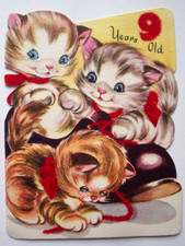 Trio of kittens play w flocked yarn bows vintage Birthday greeting card LL15