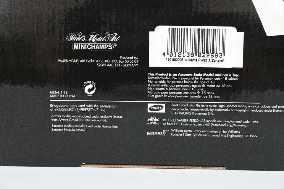 Minichamps 1/18 Williams Supertec FW21 Alex Zanardi 1999 F1 Diecast Model Car - Image 4 of 4