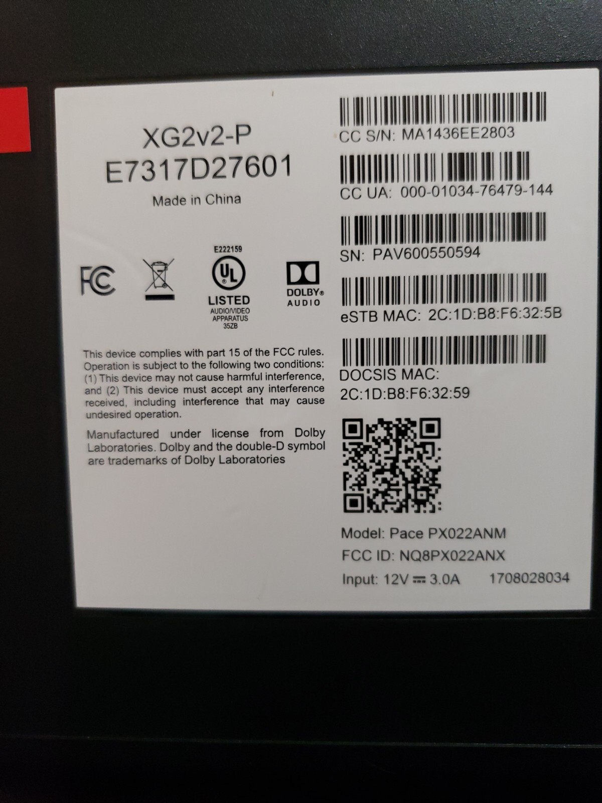 Cox Contour Cable Box XG2v2P Model Pace PX022ANM No Power Cord Or Remote eBay