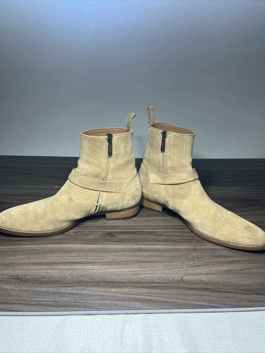 ORO Ankle Strap Boots Beige Suede Buckle Zip Side Pull On Dress Shoes Mens Sz 9 ORO Ankle Strap Boots Beige Suede Buckle Zip Side Pull On  main image 4