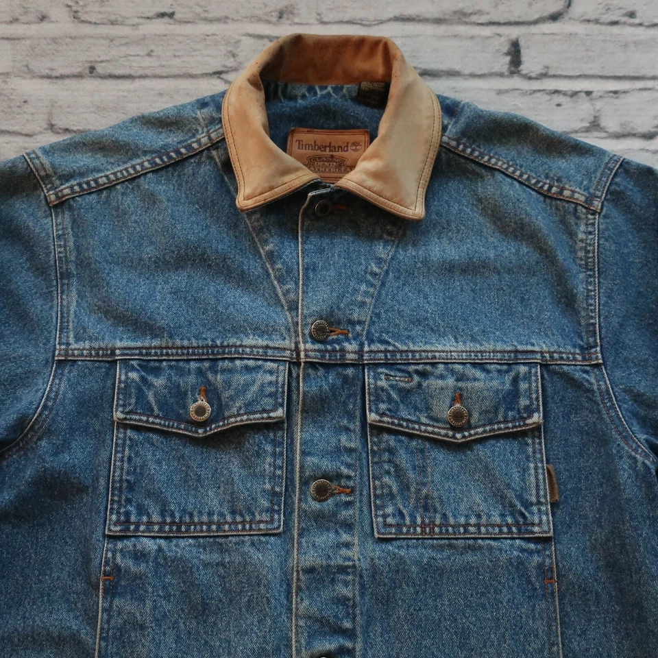 Chaqueta vaquera vintage años 90 Timberland Weathergear de mezclilla camionero talla S cuero Foto 2 de 4