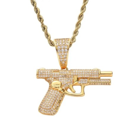 European Iced Out Bling Zircon AK47 Gun Pendant Gold Color Stainless Steel Chain Military Necklace For Men Hip Hop Jewelry Gift