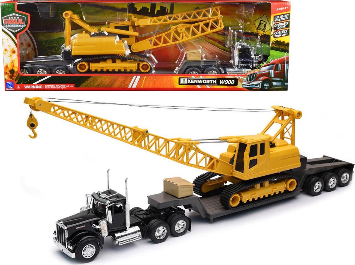 Kenworth W900 Truck with Lowboy Trailer Black and Crane