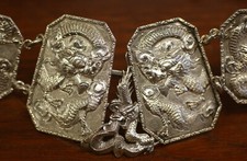 Antique Chinese Export Solid Silver Hallmarked Multi-Dragon Belt w/ Buckle
