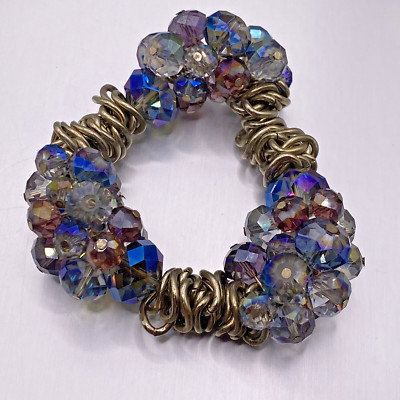 Beaded Bracelet Station AB Iridescent Blue Purple Cluster Glass Gold Tone Spacer