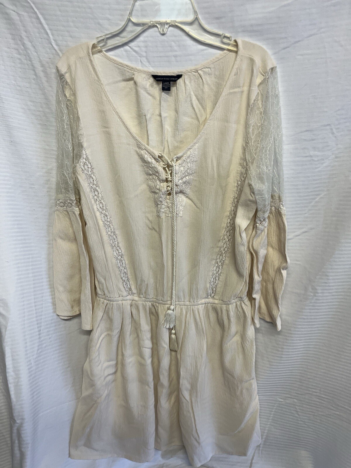 American Eagle Off White BoHo mini dress size L lace bell sleeves &elastic waist