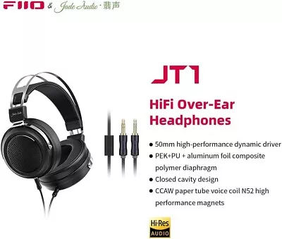 FiiO/JadeAudio JT1 Professional Studio Headphones 50mm Diaphragms w/Mic (Black)