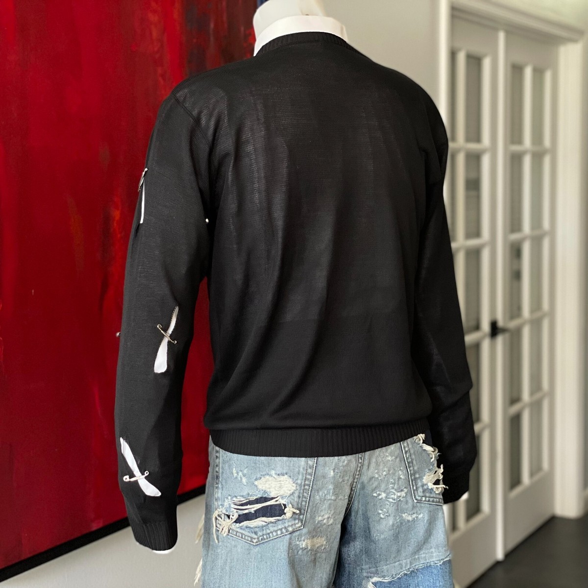 GIANNI VERSACE black silk men's sweater w/ safety pins on rip