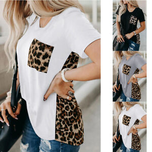 Women Leopard Print V Neck T-Shirt Casual Baggy Summer Short Sleeve Tops Blouse