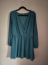 Y2K Era Express Teal Short Dress Long Sleeve V-Neck  L