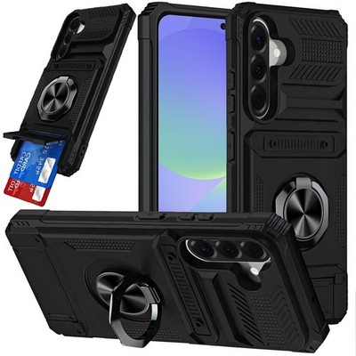 For Samsung A37 5G Case Rugged 2x Card Holder with Metal Ring + Tempered Glass