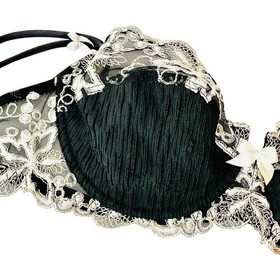 VINTAGE Y2K Lise Charmel Lingerie Set Black Pliss&eacute; Silk Lace Demi Bra 32C ThongS