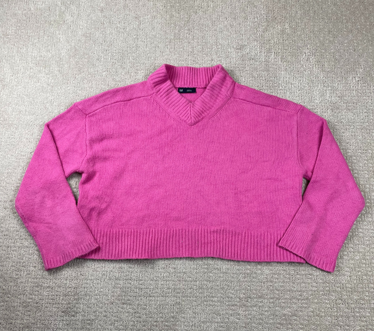 Gap Sweater Womens XS Pink Knit V Neck Cropped Oversized Pullover
