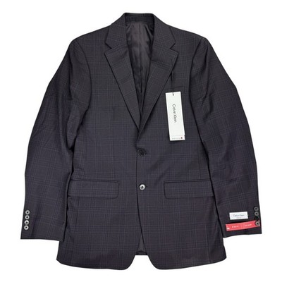 Calvin Klein Mens X Slim Fit Wool Stretch Plaid Suit Jacket Navy