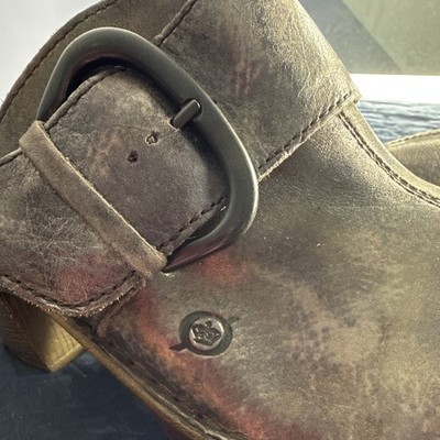 Designer Born Hand Crafted Footwear Brown Leather Mule Clog Buckle block heel 10