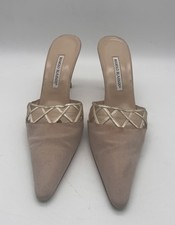 VTG manolo blahnik taupe satin high heel mules gold leather cutwork EU 40.5 9.5