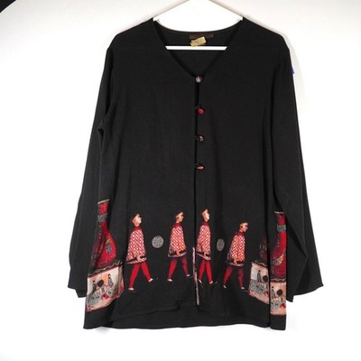 VTG Harari Silk Jacket L Black Red Chinoiserie Art to Wear Tunic Toggle Button