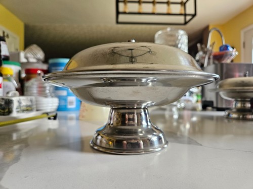 Vintage American Metal Craft brand cloche and footed base 8 1/2" stainless MCM