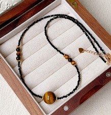 New Beautiful Natural 3mm Faceted Black Spinel Yellow Tiger Eye Necklace 16-28in