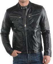 Men's Motorcycle Biker Jacket Black Genuine Lambskin Leather Racer Moto Coat Men