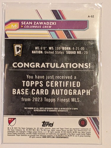 Sean Zawadzki 2023 Topps Finest MLS Rookie Auto Card RC - Columbus Crew - Picture 2 of 3