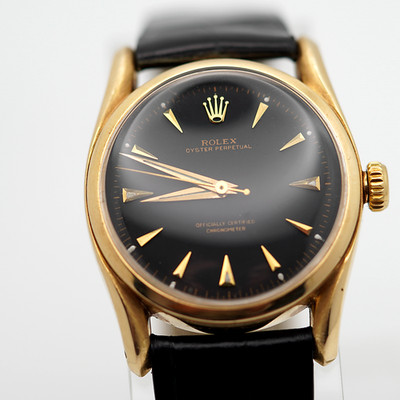 Rolex Oyster Perpetual 6090 Bombe 14k Gold Black Gilt Dial Super Oyster 1951