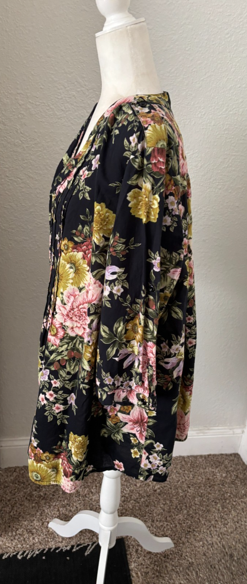 Sz 20W 2X DENIM 24/7 Black Pink Floral PIN TUCK Button Front